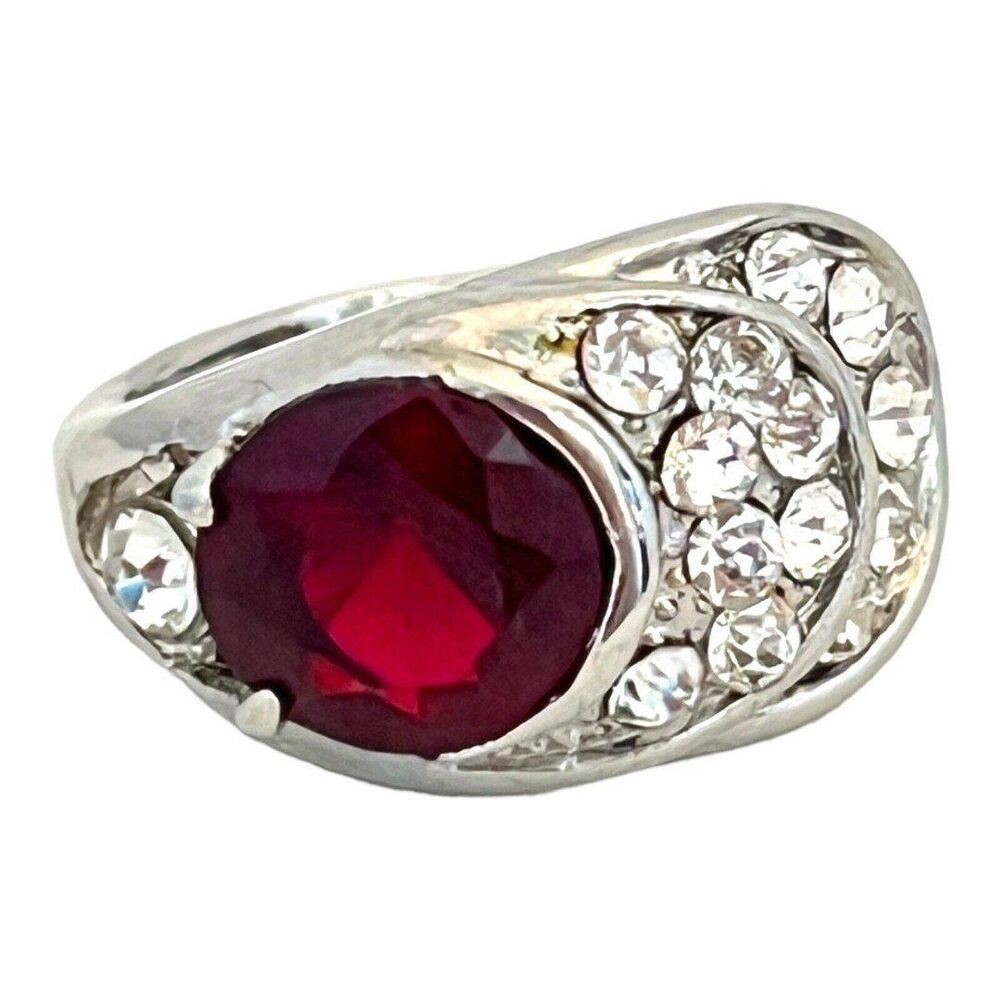 Vintage 1980s Garnet Color Glass Ring Rhinestone Accent Silver Tone Size 6 - 5W